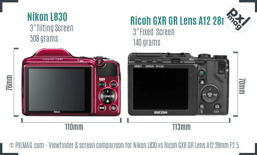 Nikon L830 vs Ricoh GXR GR Lens A12 28mm F2.5 Screen and Viewfinder comparison