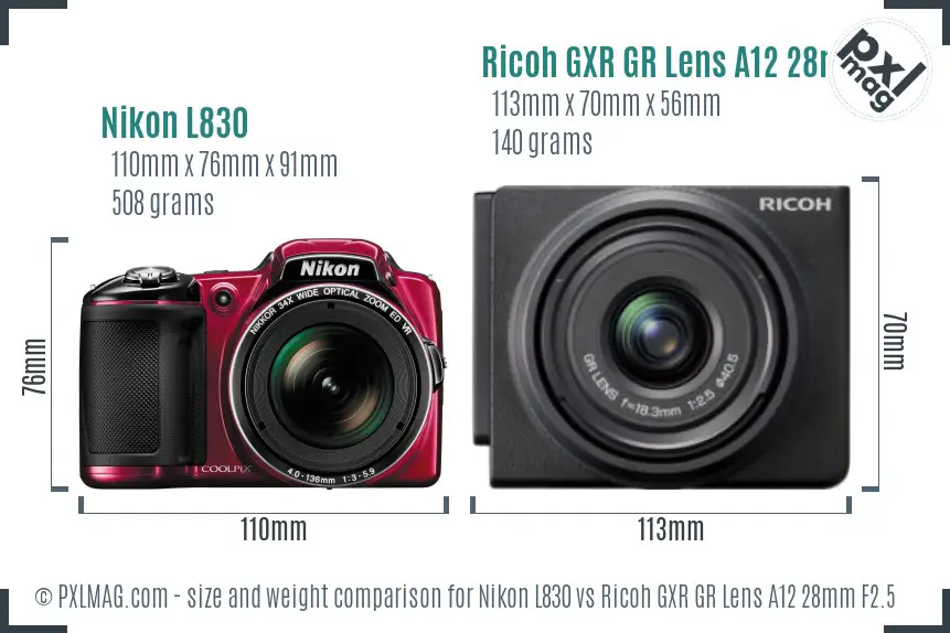 Nikon L830 vs Ricoh GXR GR Lens A12 28mm F2.5 size comparison