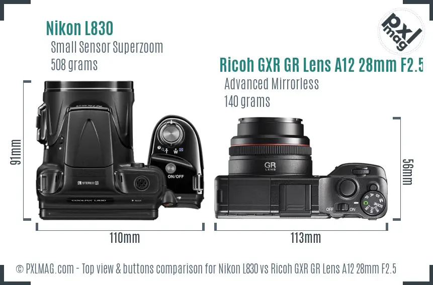 Nikon L830 vs Ricoh GXR GR Lens A12 28mm F2.5 top view buttons comparison