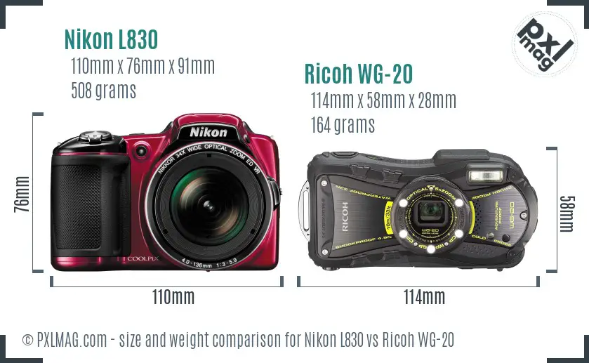Nikon L830 vs Ricoh WG-20 size comparison