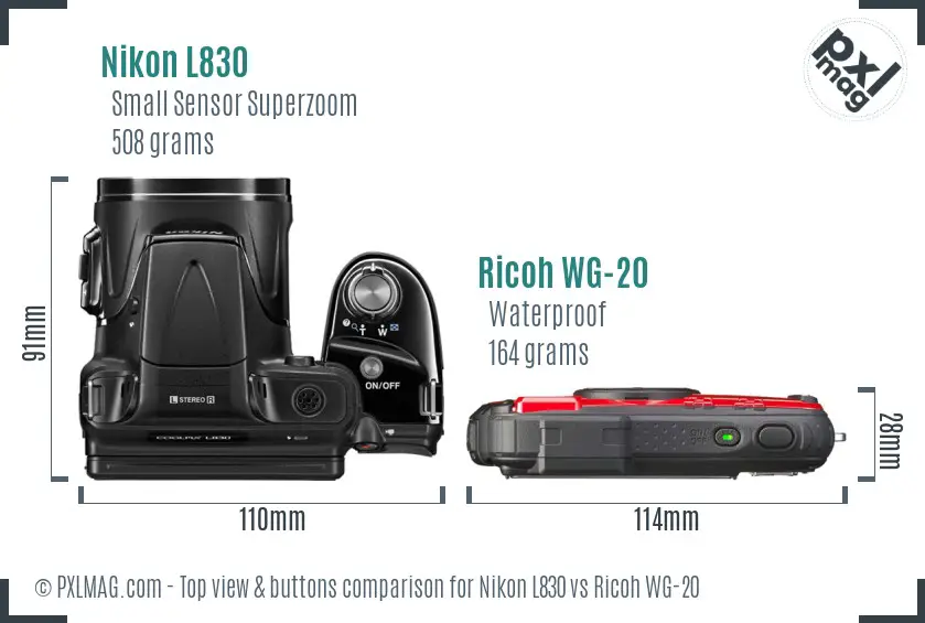 Nikon L830 vs Ricoh WG-20 top view buttons comparison