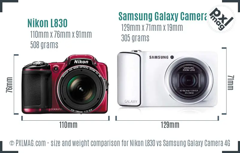Nikon L830 vs Samsung Galaxy Camera 4G size comparison