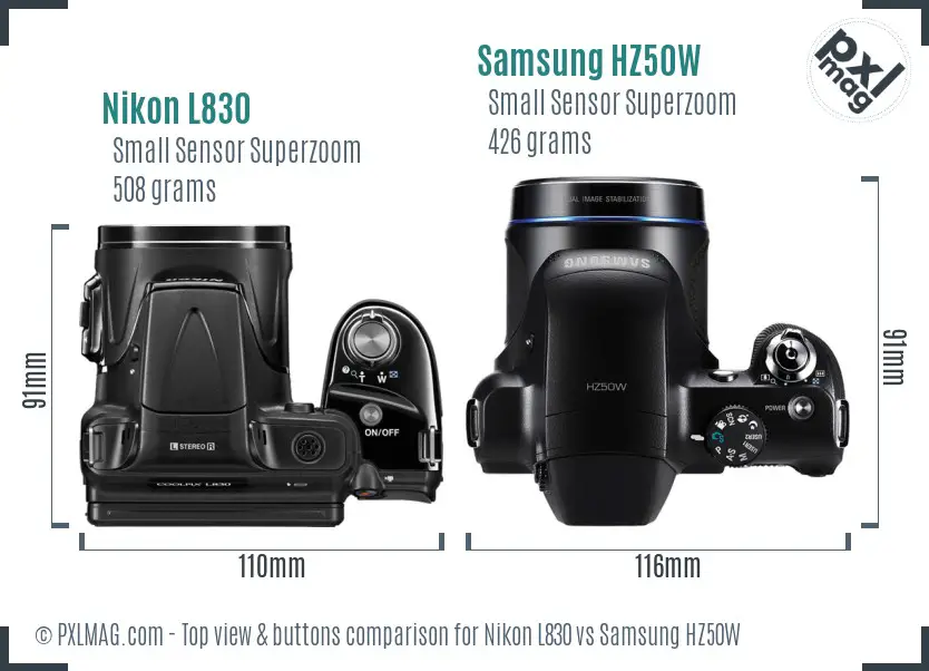 Nikon L830 vs Samsung HZ50W top view buttons comparison Nikon L830 vs Samsung HZ50W top view buttons comparison