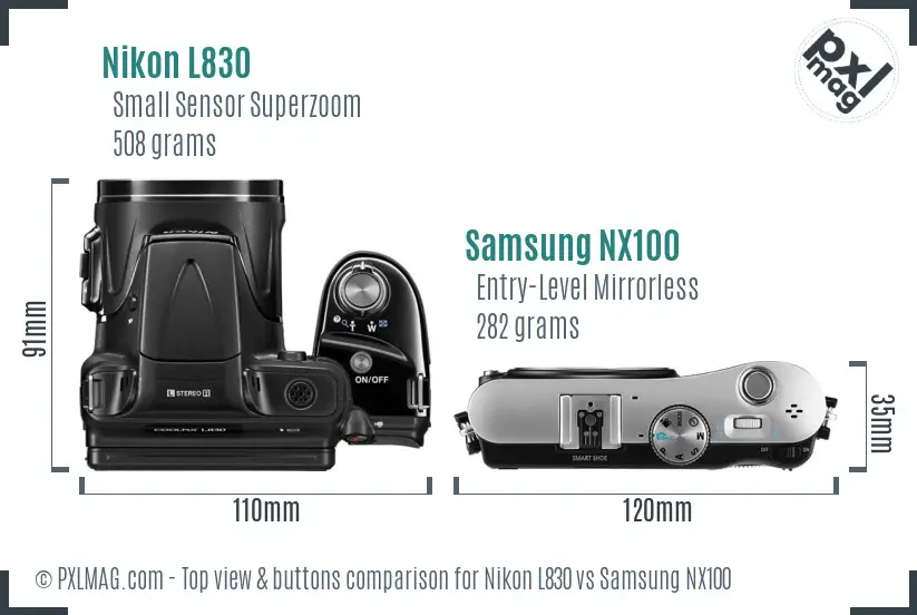 Nikon L830 vs Samsung NX100 top view buttons comparison