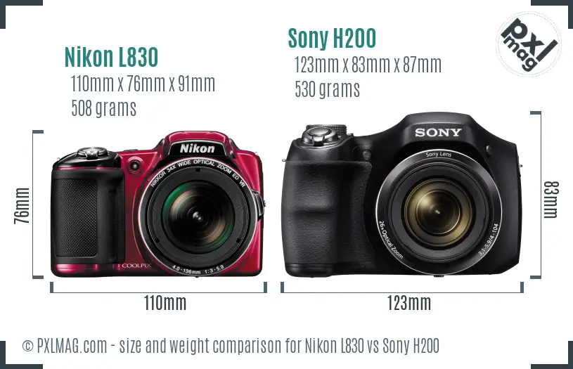 Nikon L830 vs Sony H200 size comparison