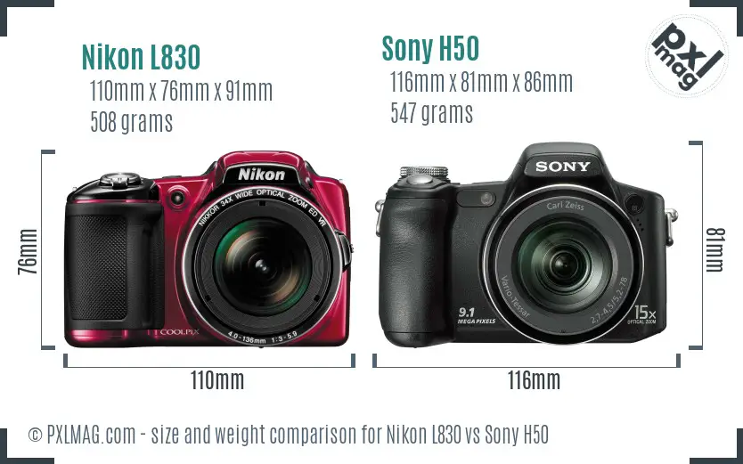 Nikon L830 vs Sony H50 size comparison