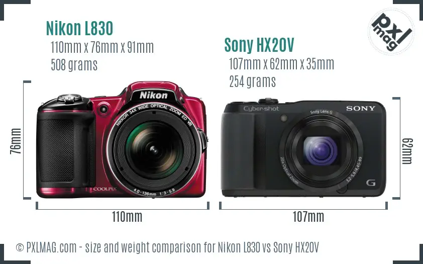 Nikon L830 vs Sony HX20V size comparison