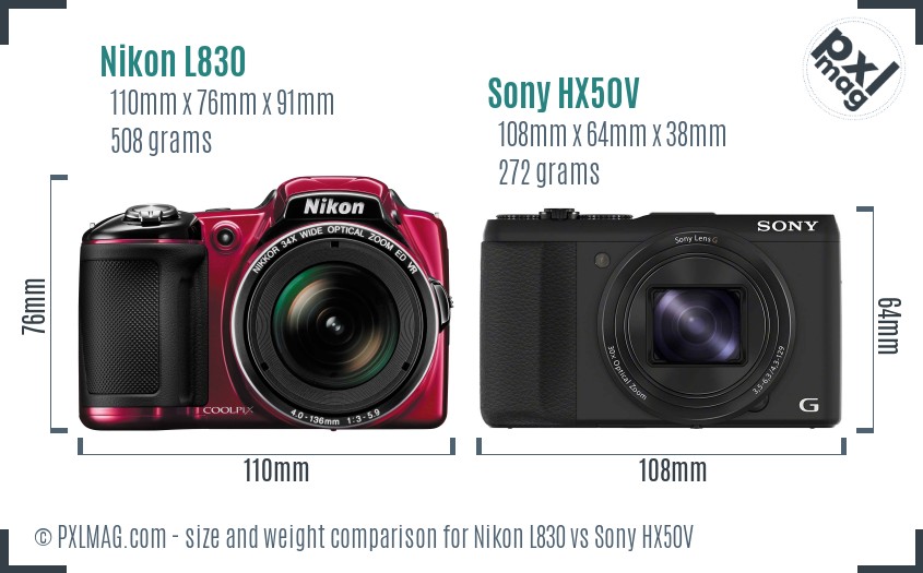 Nikon L830 vs Sony HX50V size comparison