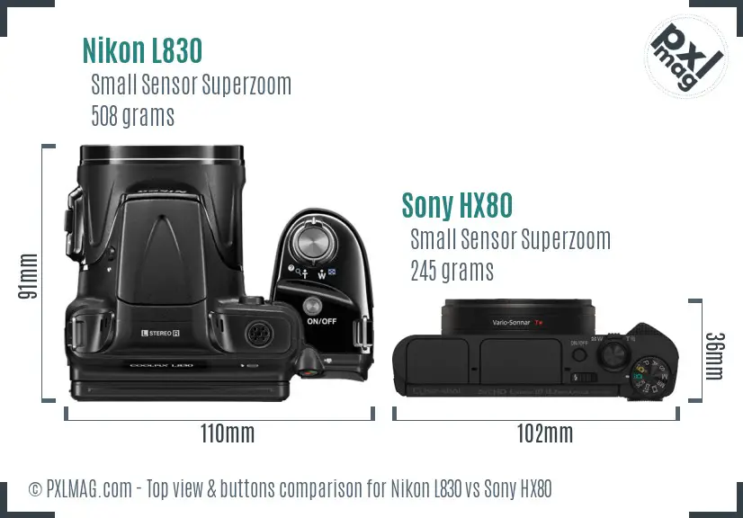 Nikon L830 vs Sony HX80 top view buttons comparison