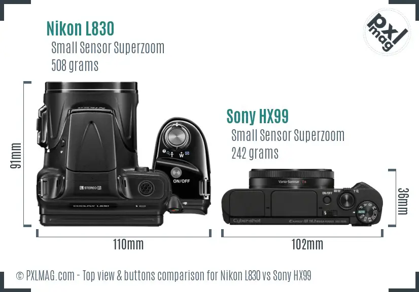 Nikon L830 vs Sony HX99 top view buttons comparison