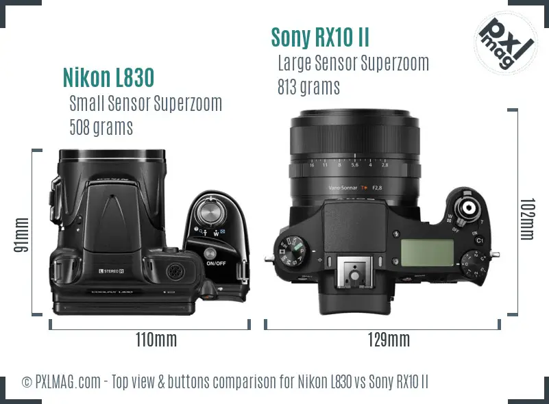 Nikon L830 vs Sony RX10 II top view buttons comparison