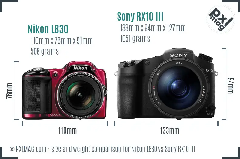 Nikon L830 vs Sony RX10 III size comparison