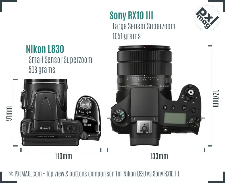 Nikon L830 vs Sony RX10 III top view buttons comparison