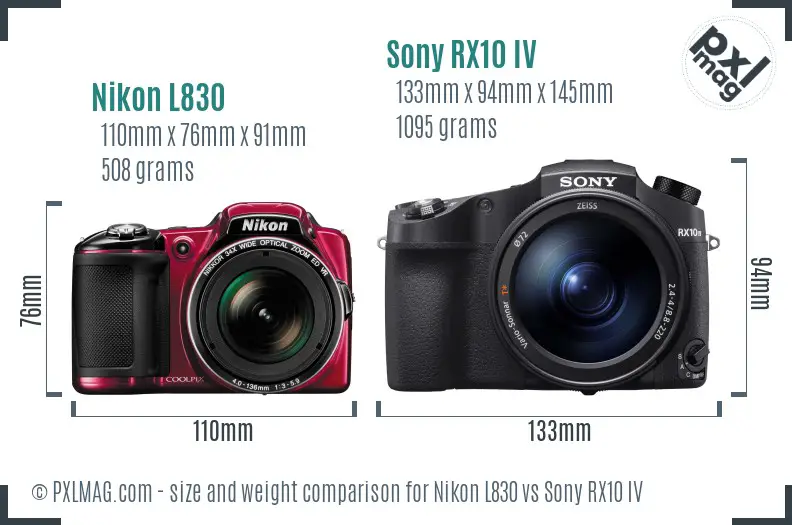 Nikon L830 vs Sony RX10 IV size comparison