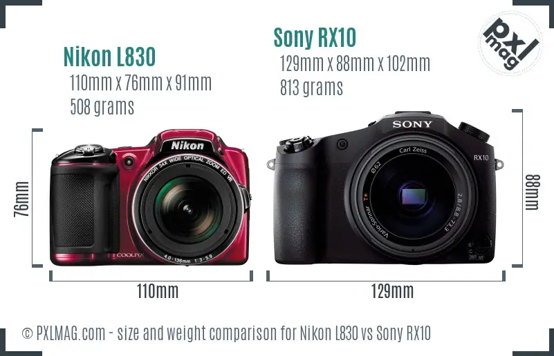 Nikon L830 vs Sony RX10 size comparison