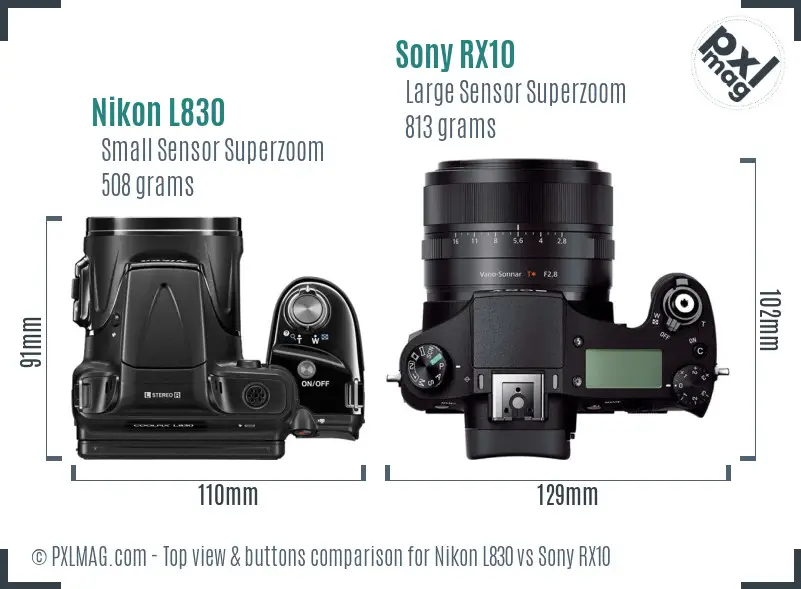 Nikon L830 vs Sony RX10 top view buttons comparison