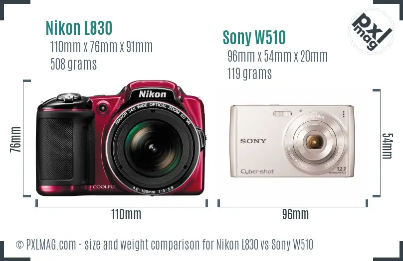Nikon L830 vs Sony W510 size comparison