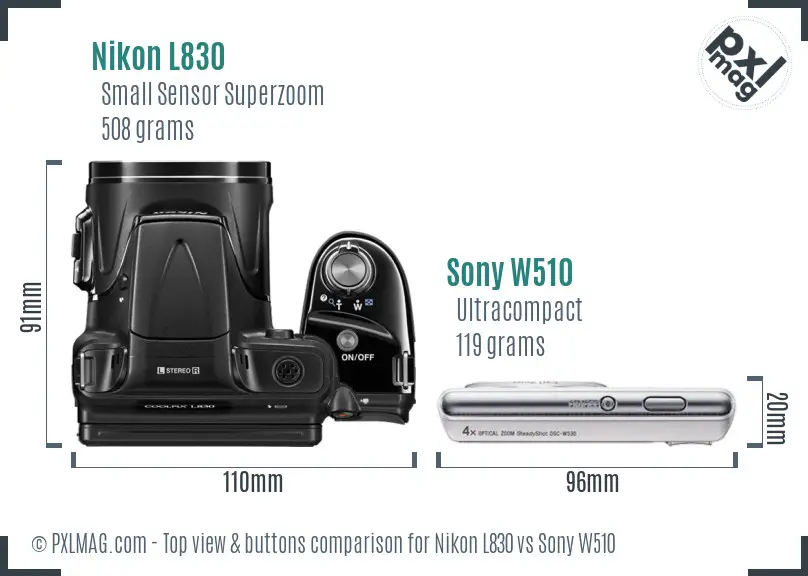 Nikon L830 vs Sony W510 top view buttons comparison