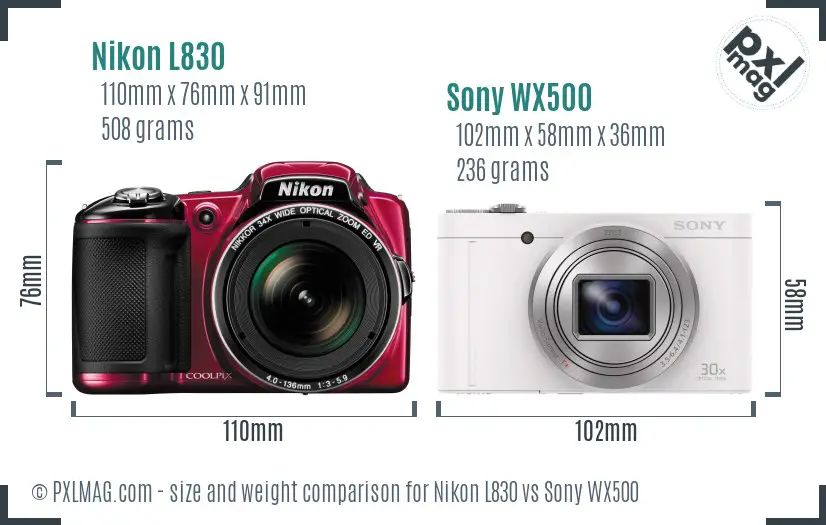 Nikon L830 vs Sony WX500 size comparison