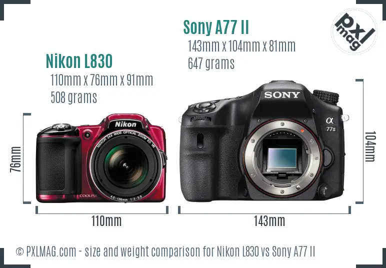 Nikon L830 vs Sony A77 II size comparison
