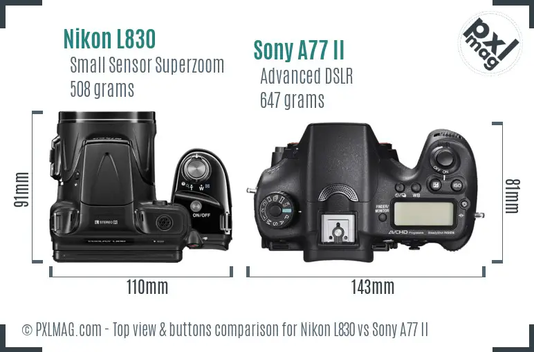 Nikon L830 vs Sony A77 II top view buttons comparison