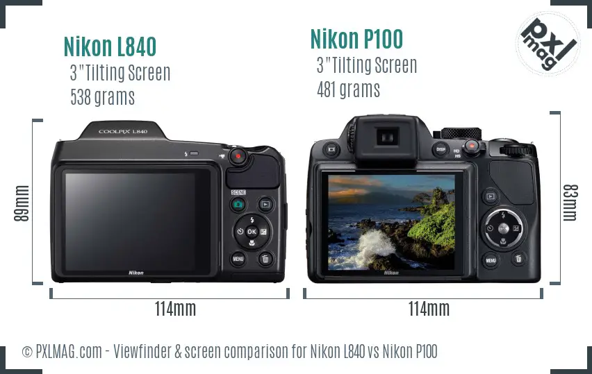 Nikon L840 vs Nikon P100 Screen and Viewfinder comparison