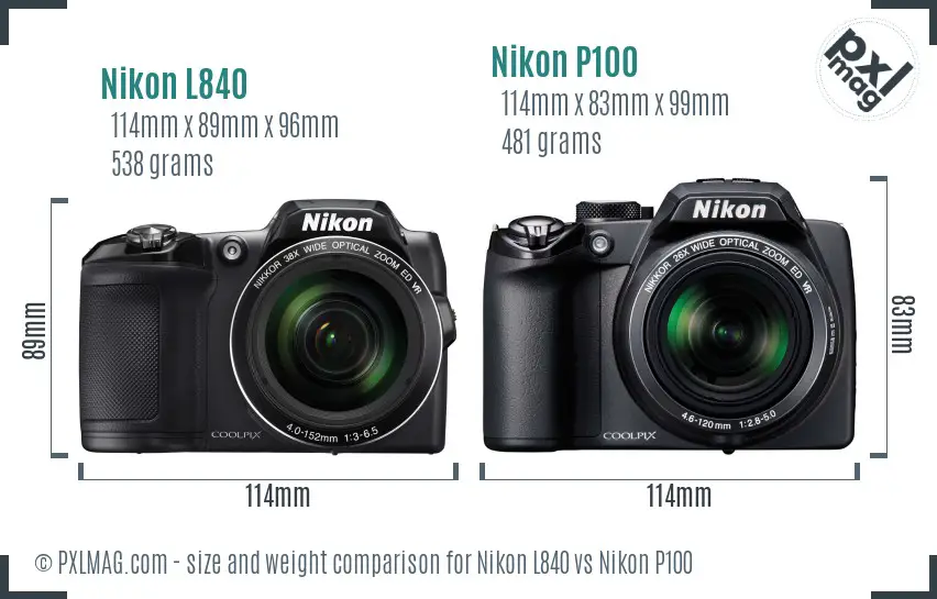 Nikon L840 vs Nikon P100 size comparison