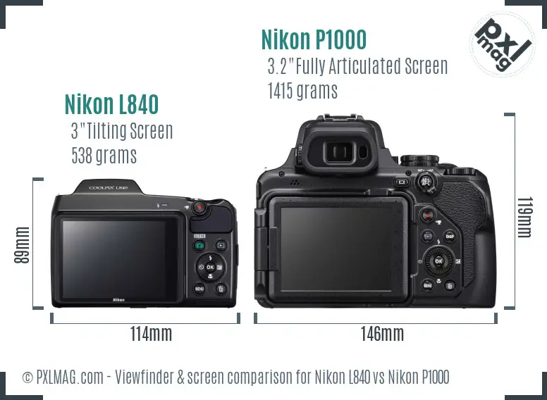 Nikon L840 vs Nikon P1000 Screen and Viewfinder comparison