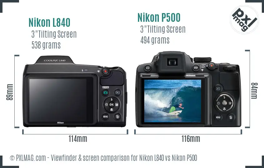 Nikon L840 vs Nikon P500 Screen and Viewfinder comparison