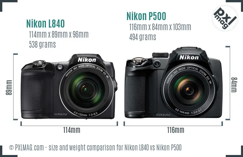 Nikon L840 vs Nikon P500 size comparison