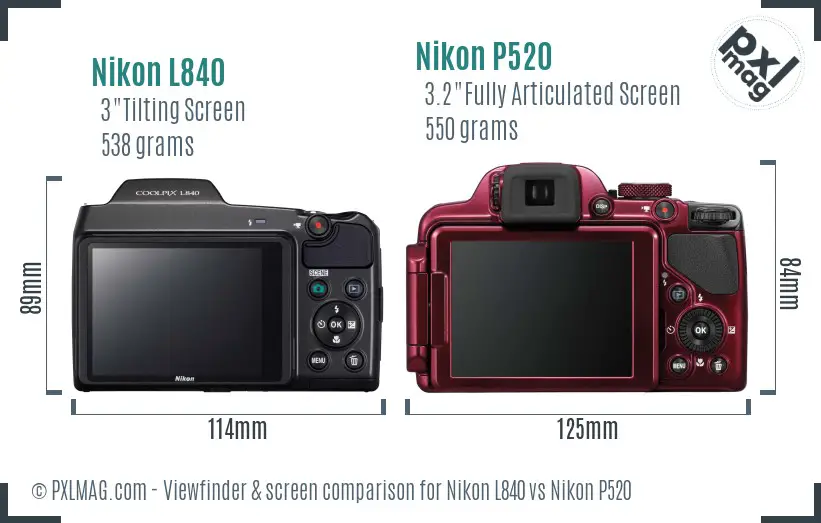 Nikon L840 vs Nikon P520 Screen and Viewfinder comparison