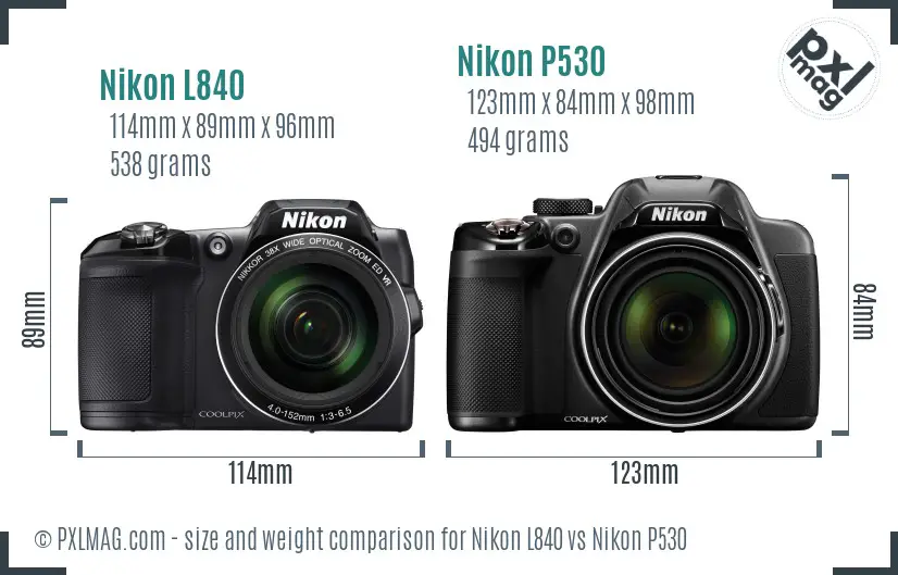 Nikon L840 vs Nikon P530 size comparison