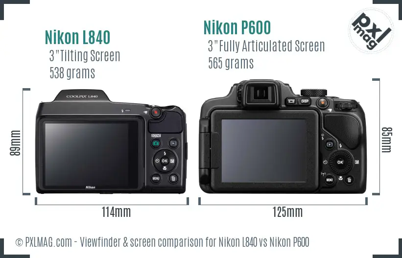 Nikon L840 vs Nikon P600 Screen and Viewfinder comparison