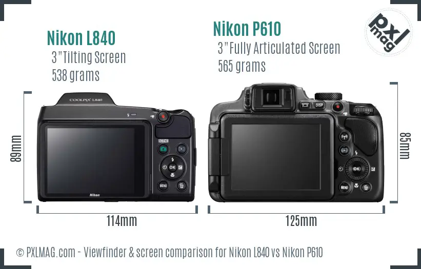 Nikon L840 vs Nikon P610 Screen and Viewfinder comparison