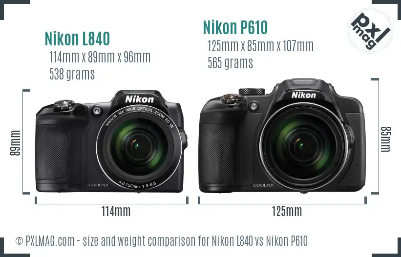 Nikon L840 vs Nikon P610 size comparison