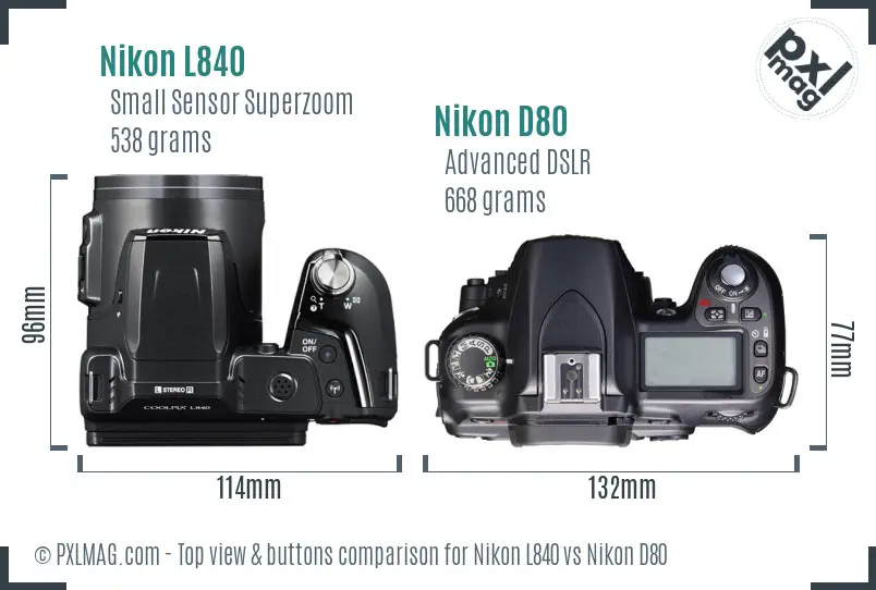 Nikon L840 vs Nikon D80 top view buttons comparison