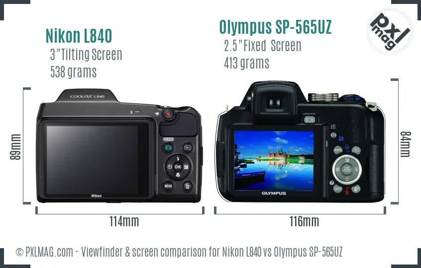 Nikon L840 vs Olympus SP-565UZ Screen and Viewfinder comparison