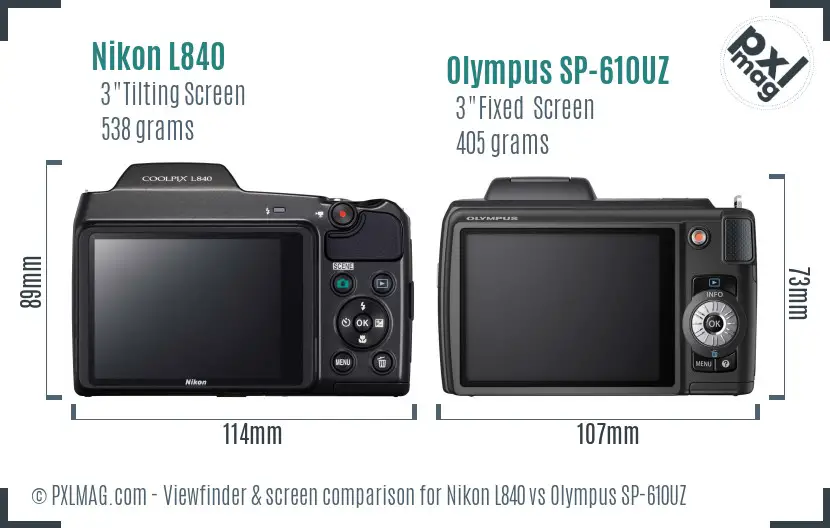 Nikon L840 vs Olympus SP-610UZ Screen and Viewfinder comparison