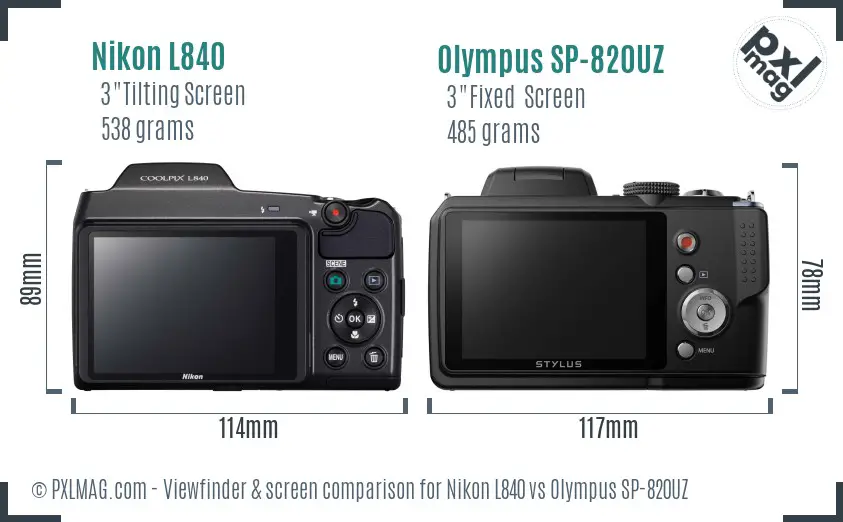 Nikon L840 vs Olympus SP-820UZ Screen and Viewfinder comparison