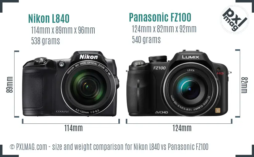 Nikon L840 vs Panasonic FZ100 size comparison
