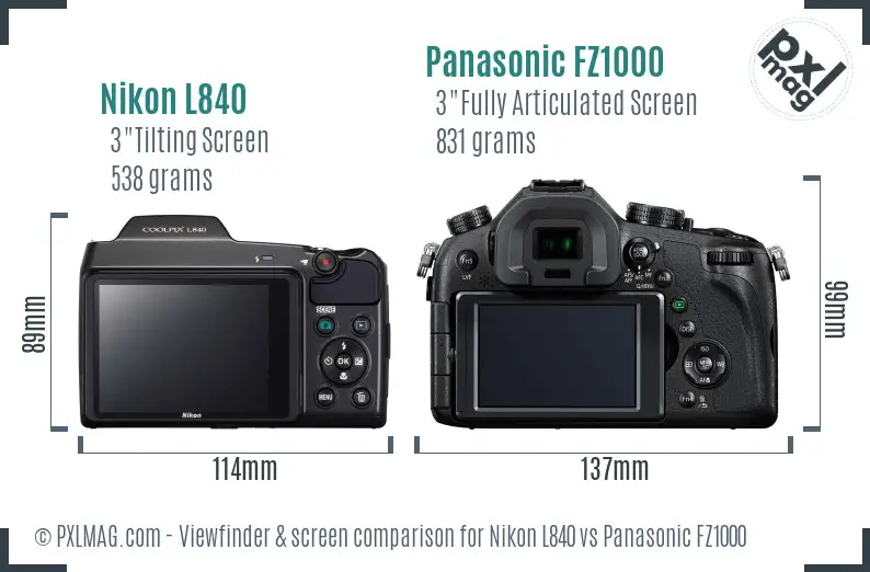 Nikon L840 vs Panasonic FZ1000 Screen and Viewfinder comparison