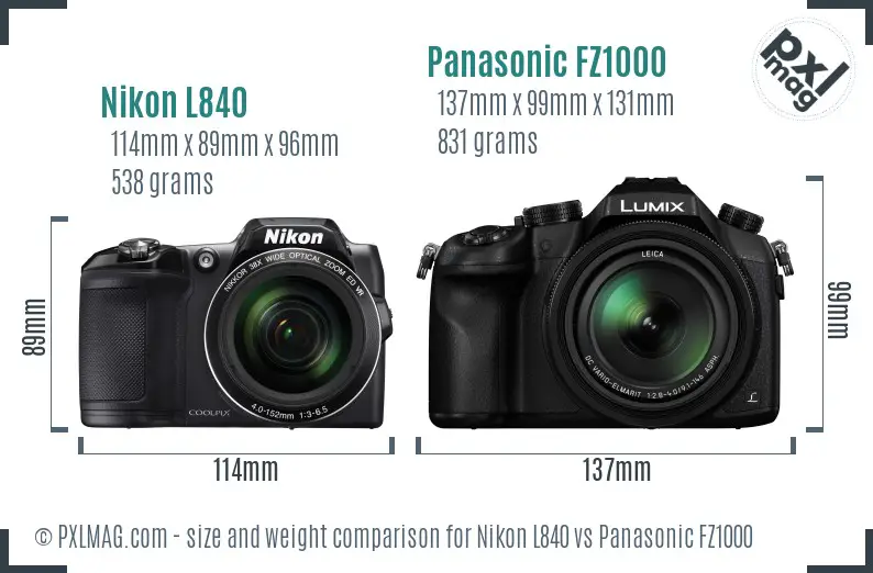 Nikon L840 vs Panasonic FZ1000 size comparison