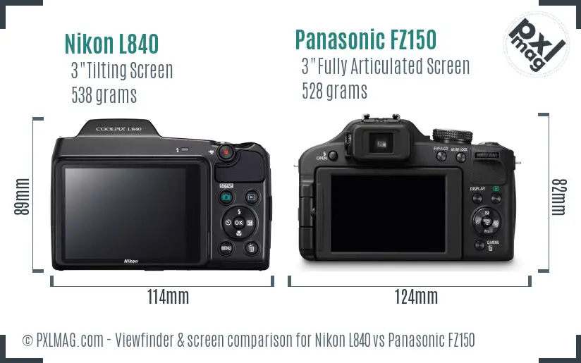 Nikon L840 vs Panasonic FZ150 Screen and Viewfinder comparison