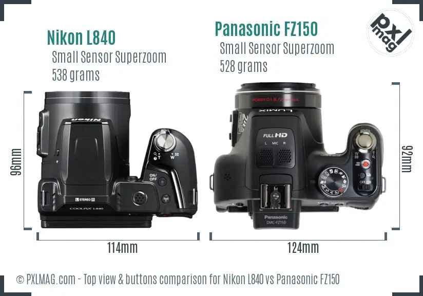 Nikon L840 vs Panasonic FZ150 top view buttons comparison