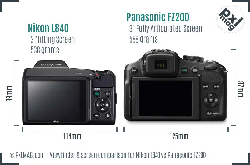 Nikon L840 vs Panasonic FZ200 Screen and Viewfinder comparison