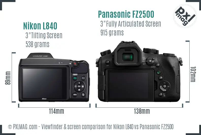 Nikon L840 vs Panasonic FZ2500 Screen and Viewfinder comparison