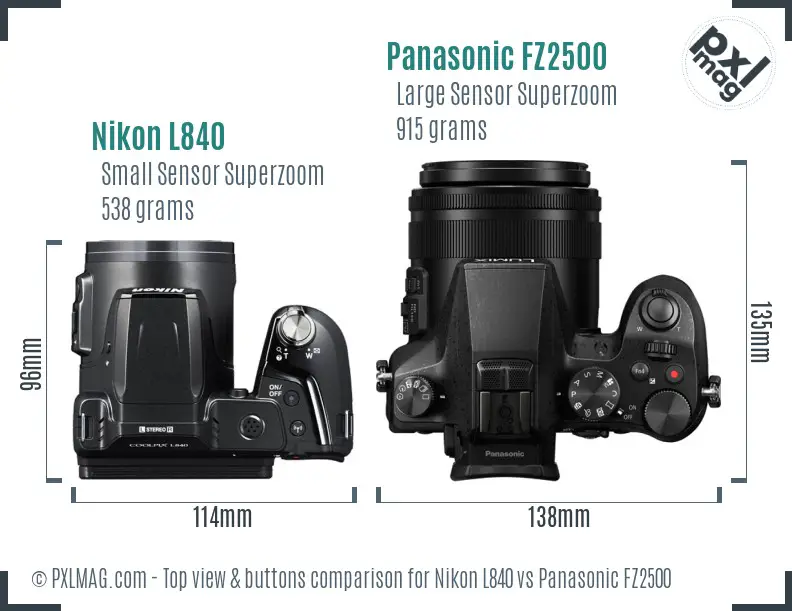 Nikon L840 vs Panasonic FZ2500 top view buttons comparison