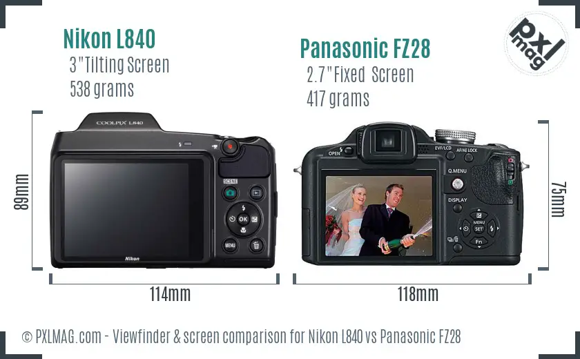 Nikon L840 vs Panasonic FZ28 Screen and Viewfinder comparison
