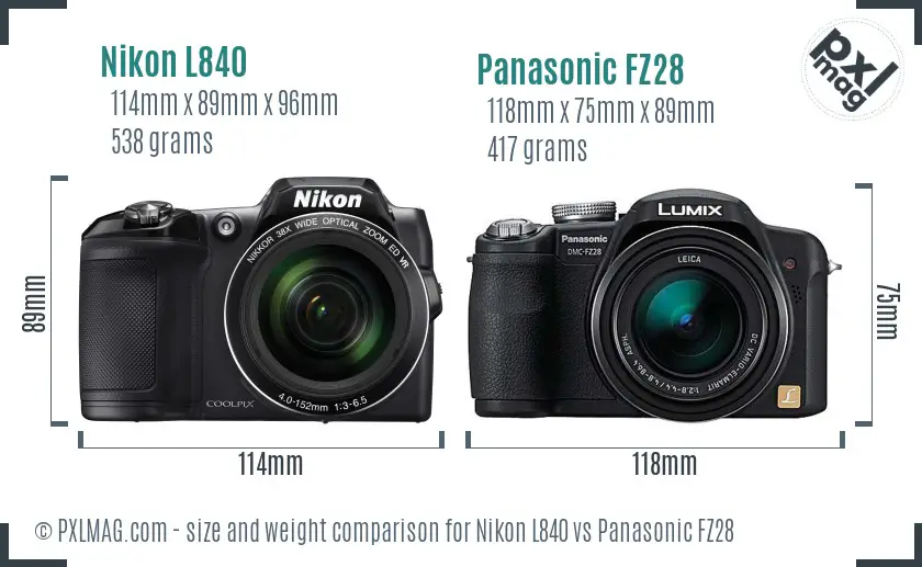 Nikon L840 vs Panasonic FZ28 size comparison