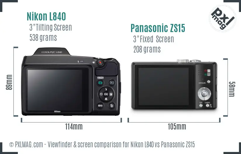 Nikon L840 vs Panasonic ZS15 Screen and Viewfinder comparison